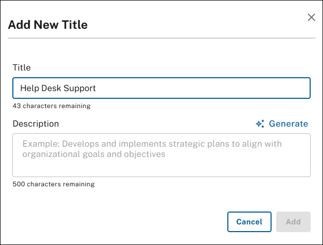 Add new title pop-up with generate button appearing