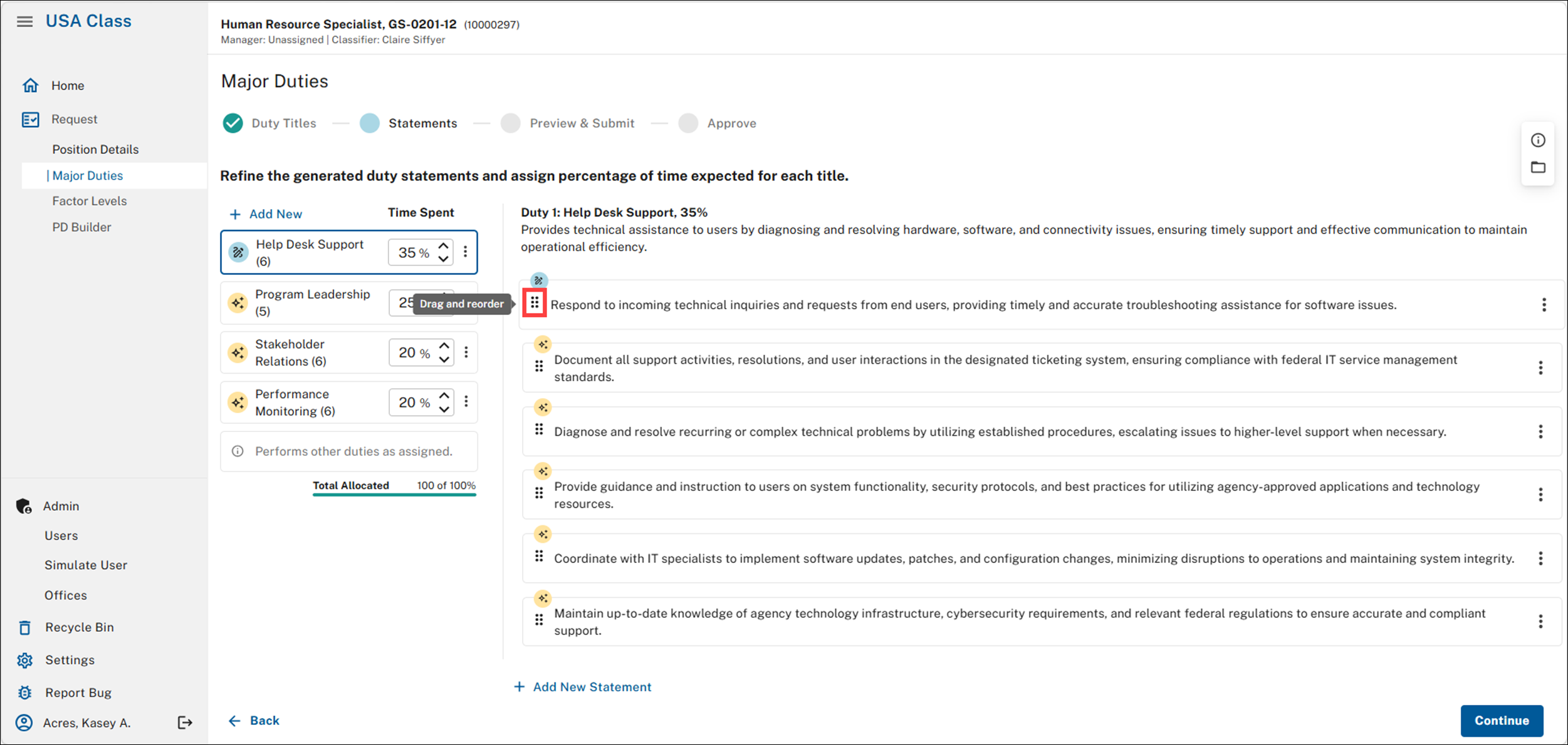 Major duties Statement page with the reorder icon highlighted