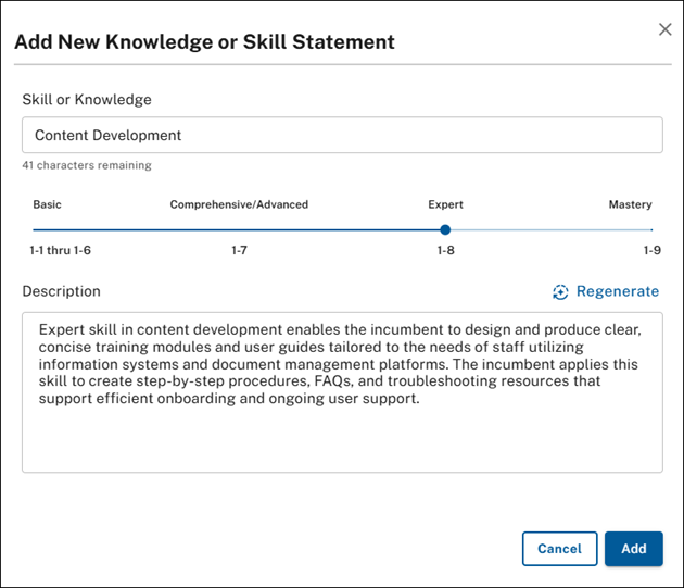 Add new Knowledge or Skill Statement pop up - completed