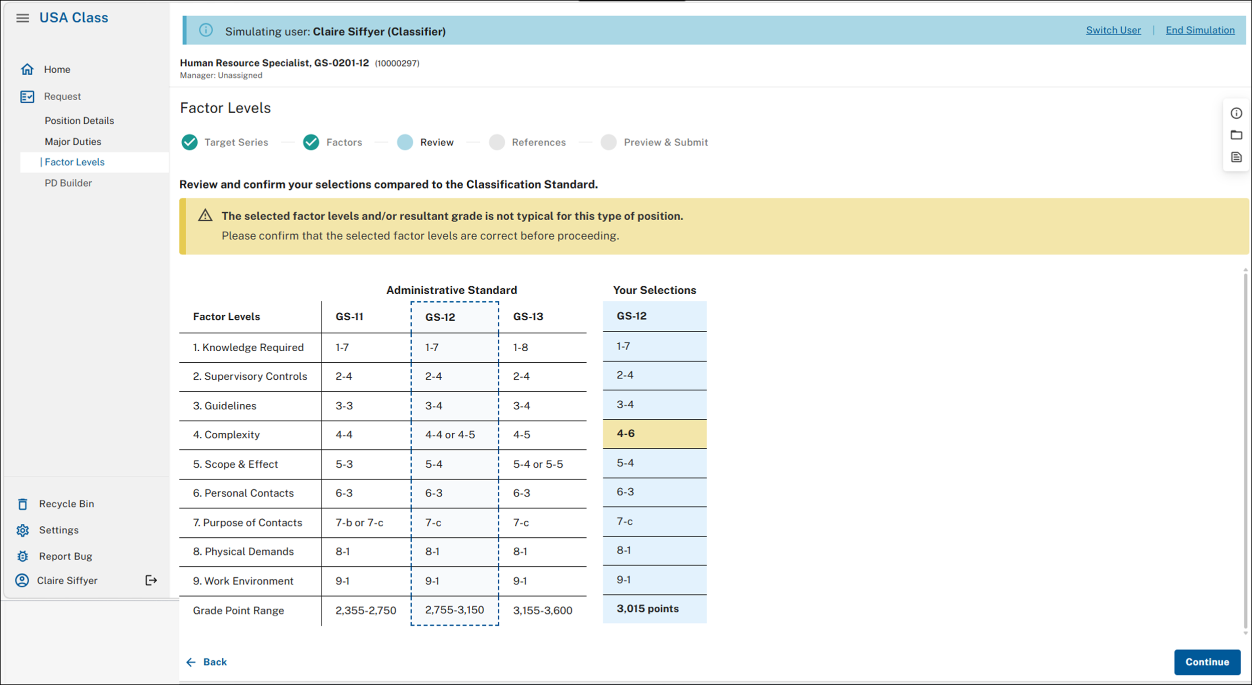 Factor Levels - Review page with warning message displayed